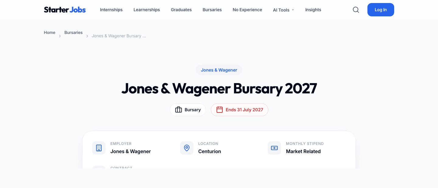 StarterJobs bursary detail page showing employer, location, closing date, and application action