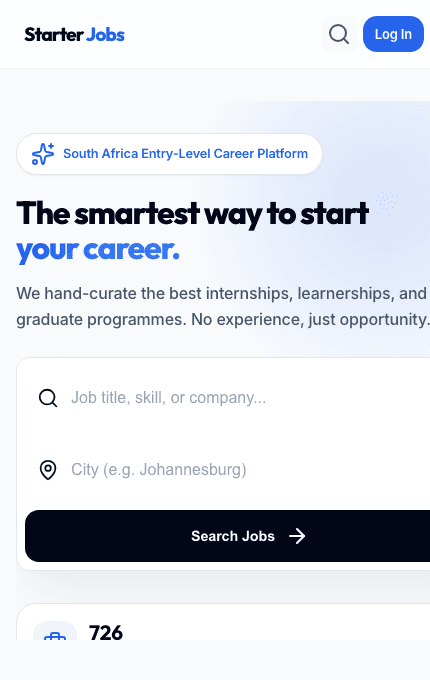 StarterJobs mobile homepage with stacked job search and opportunity summary cards
