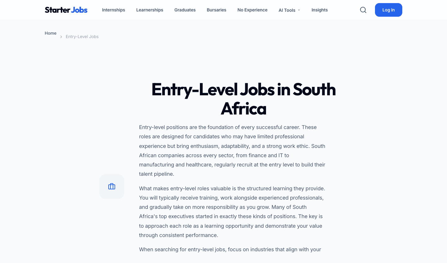 StarterJobs entry-level opportunities page with guidance and job discovery content